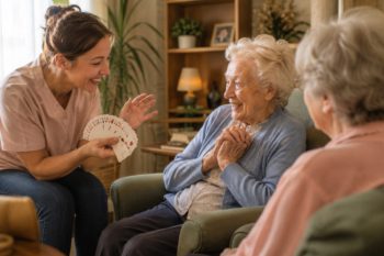 Animation de magie à domicile apportant sourire, convivialité et moments de partage à des personnes âgées dans un cadre chaleureux.