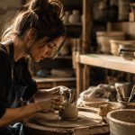 Artisane façonnant une pièce en céramique dans un atelier de création, symbole du retour des objets fabriqués à la main et des savoir-faire traditionnels