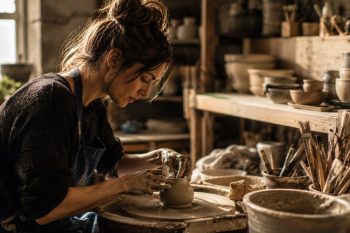 Artisane façonnant une pièce en céramique dans un atelier de création, symbole du retour des objets fabriqués à la main et des savoir-faire traditionnels