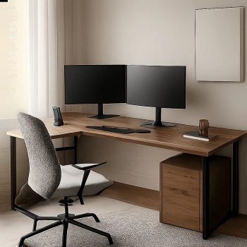 Un bureau en L moderne installé dans un angle de pièce, pensé pour un poste de travail spacieux et bien organisé. L’image illustre un aménagement ergonomique adapté au télétravail à domicile.