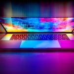Un ordinateur portable ouvert sur une table, écran coloré